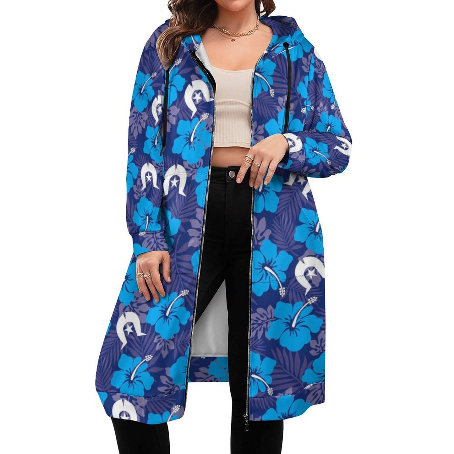 Hibiscus flowers with White Dhari (Royal blue) on Hooded Sweatshirt Dress