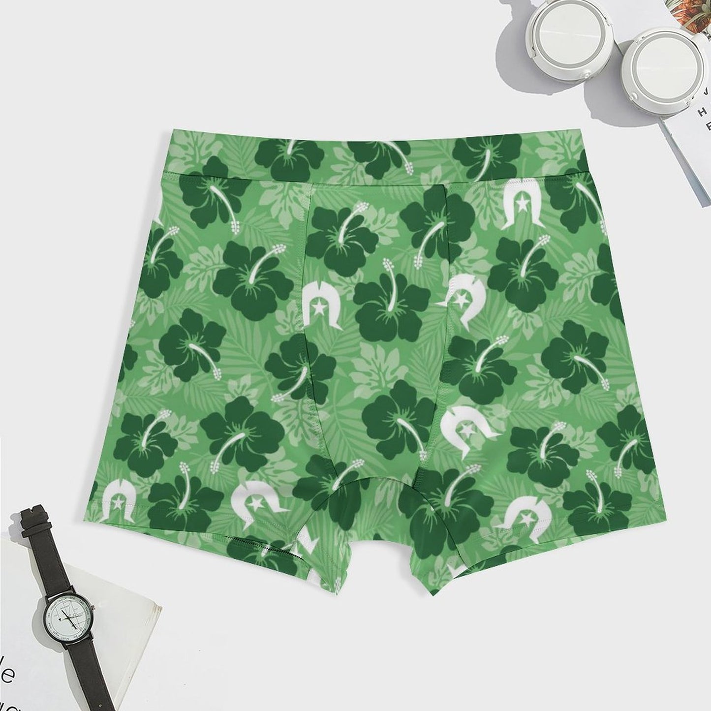 Hibiscus flowers with Dhari (Sea Grass Green) on Milk Fiber Boxer Shorts for Men
