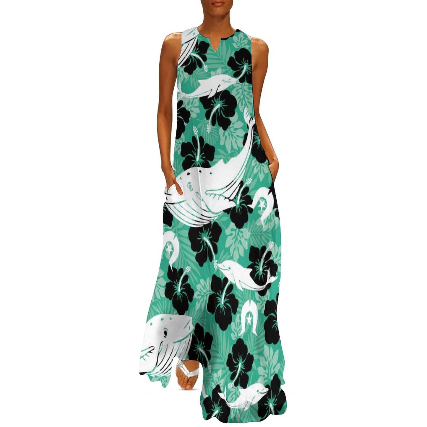 Black Hibiscus with Whale, Dolphin and Dhari on Sleeveless Ankle-length Dress