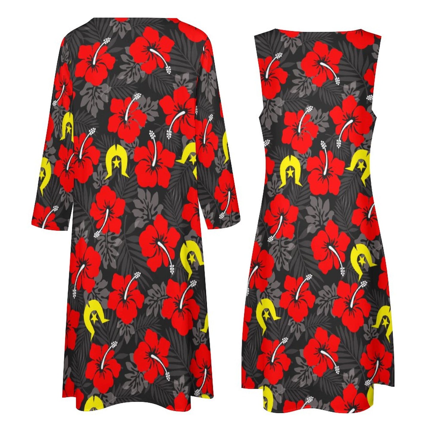 Royal Red Hibiscus with Yellow Dhari on Long Dress Set