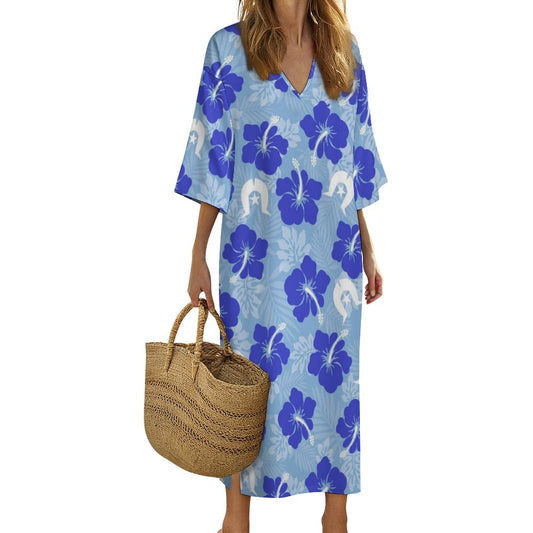 Hibiscus flowers with White Dhari (Sky blue) on Mediterranean Style V Neck Mid-Sleeve Robe