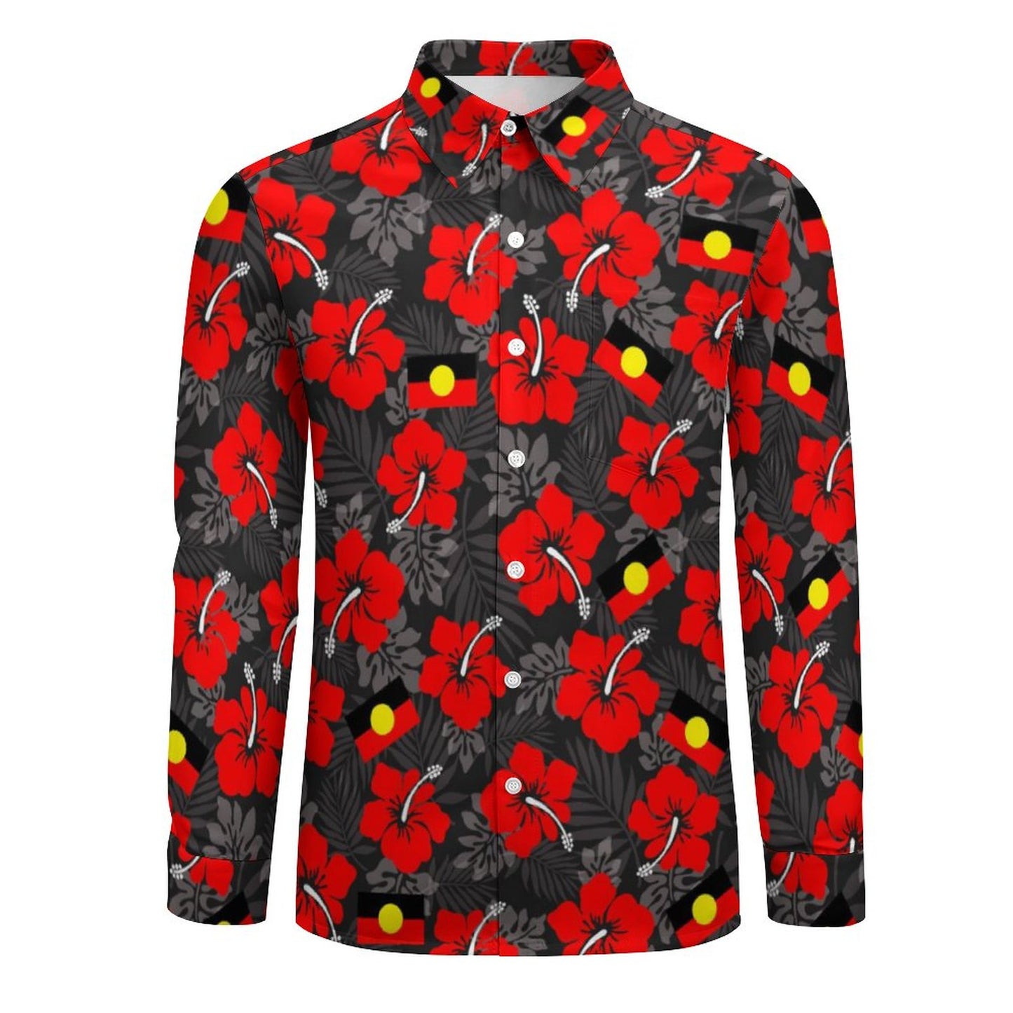 Hibiscus flowers with Aboriginal Flag on Men's Long Sleeve Shirt
