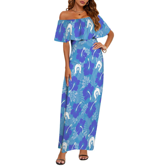 Hibiscus flowers with Dhari (Royal blue) on Women's Off Shoulder Ruffle Boat Neck Dress