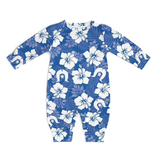 White Hibiscus and Dhari (Blue) on Baby Romper