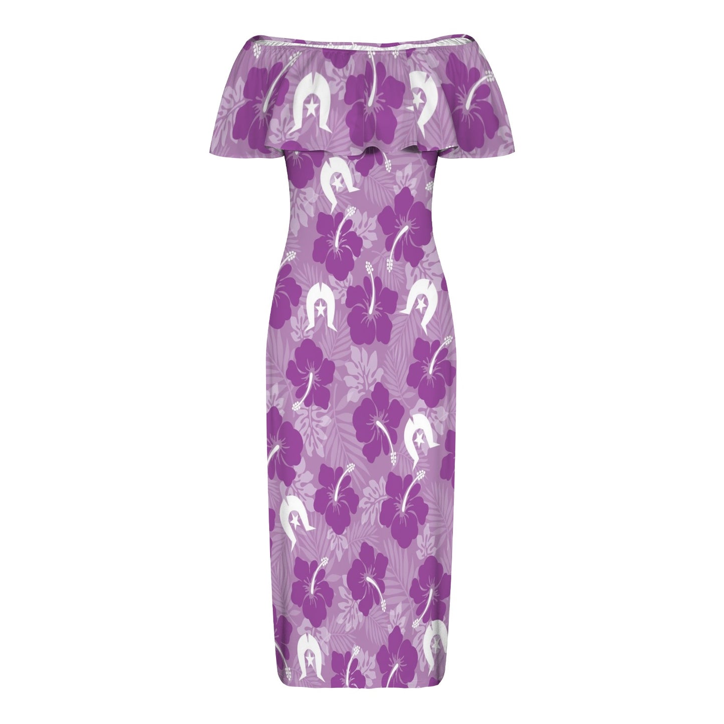 Hibiscus flowers with White Dhari (Royal purple) on Women's Off Shoulder Ruffle Boat Neck Dress