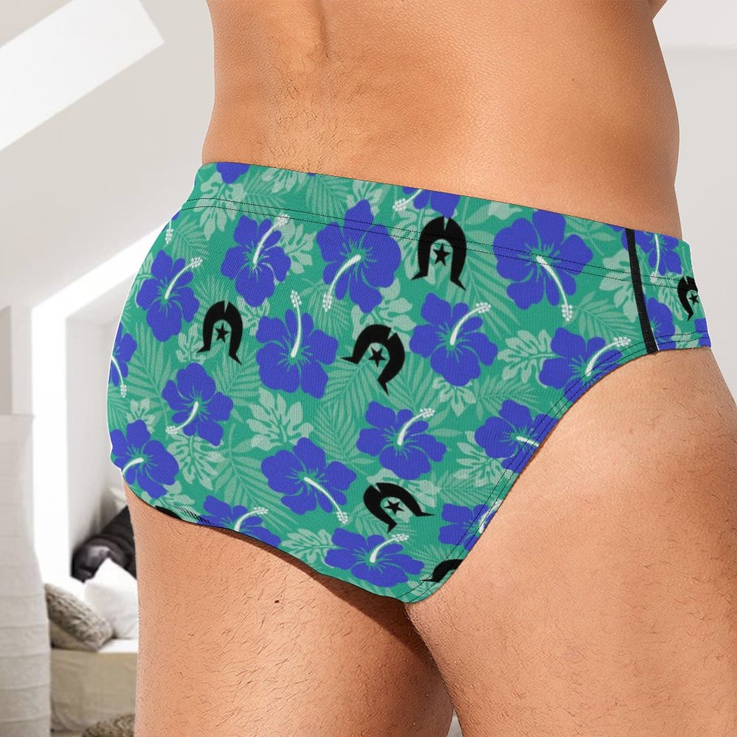Royal Blue Hibiscus flowers with Black Dhari on Milk Silk Men's Briefs