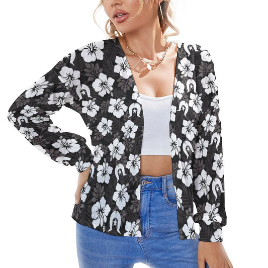 White Hibiscus and Dhari (Black) on Long Sleeve Drop Shoulder Open Shirt