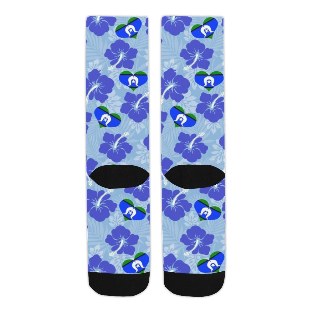 Hibiscus flowers with Torres Strait Flag (Sky Blue) on Crew Socks (Made In AUS)