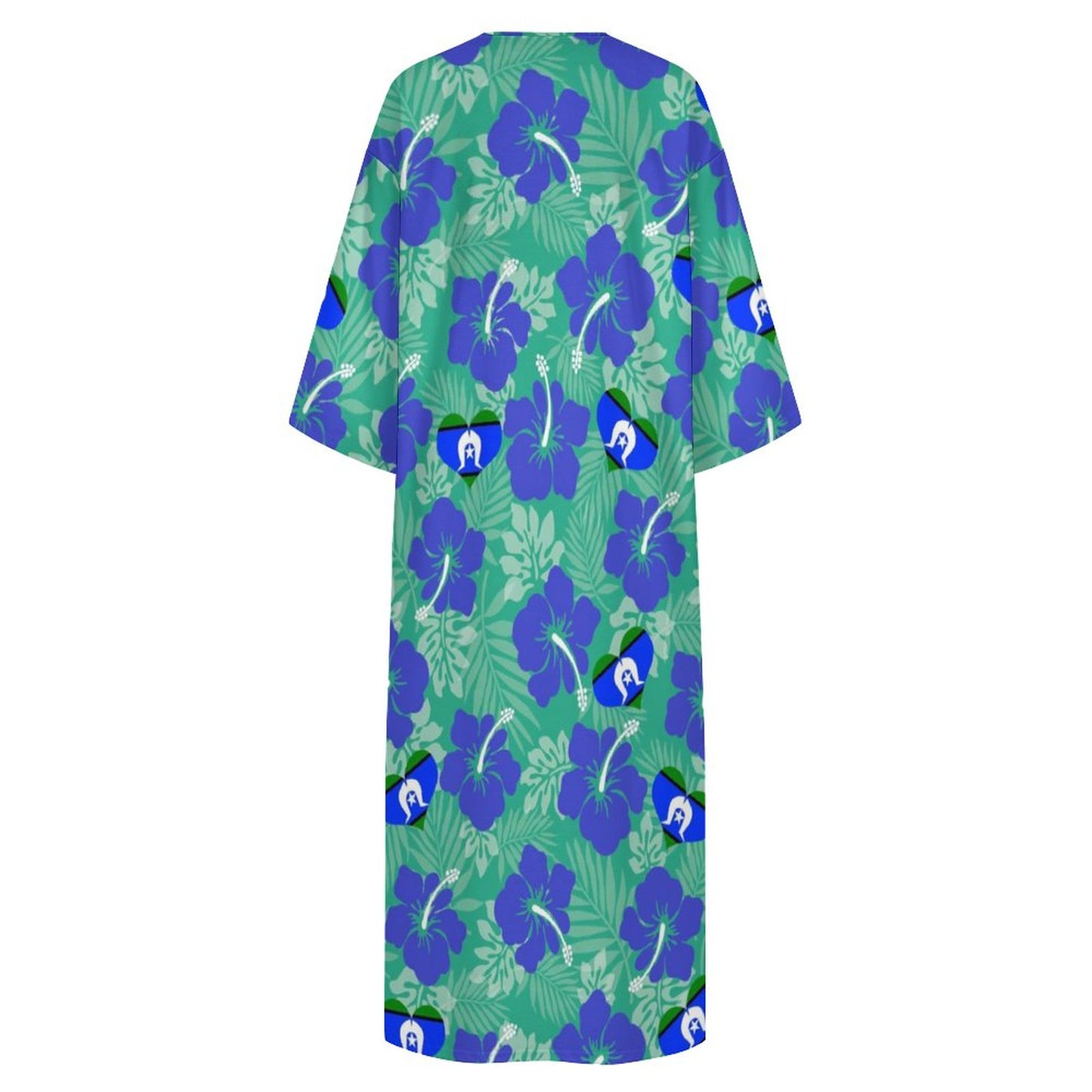 Hibiscus flowers with Torres Strait flag on Mediterranean Style V Neck Mid-Sleeve Robe