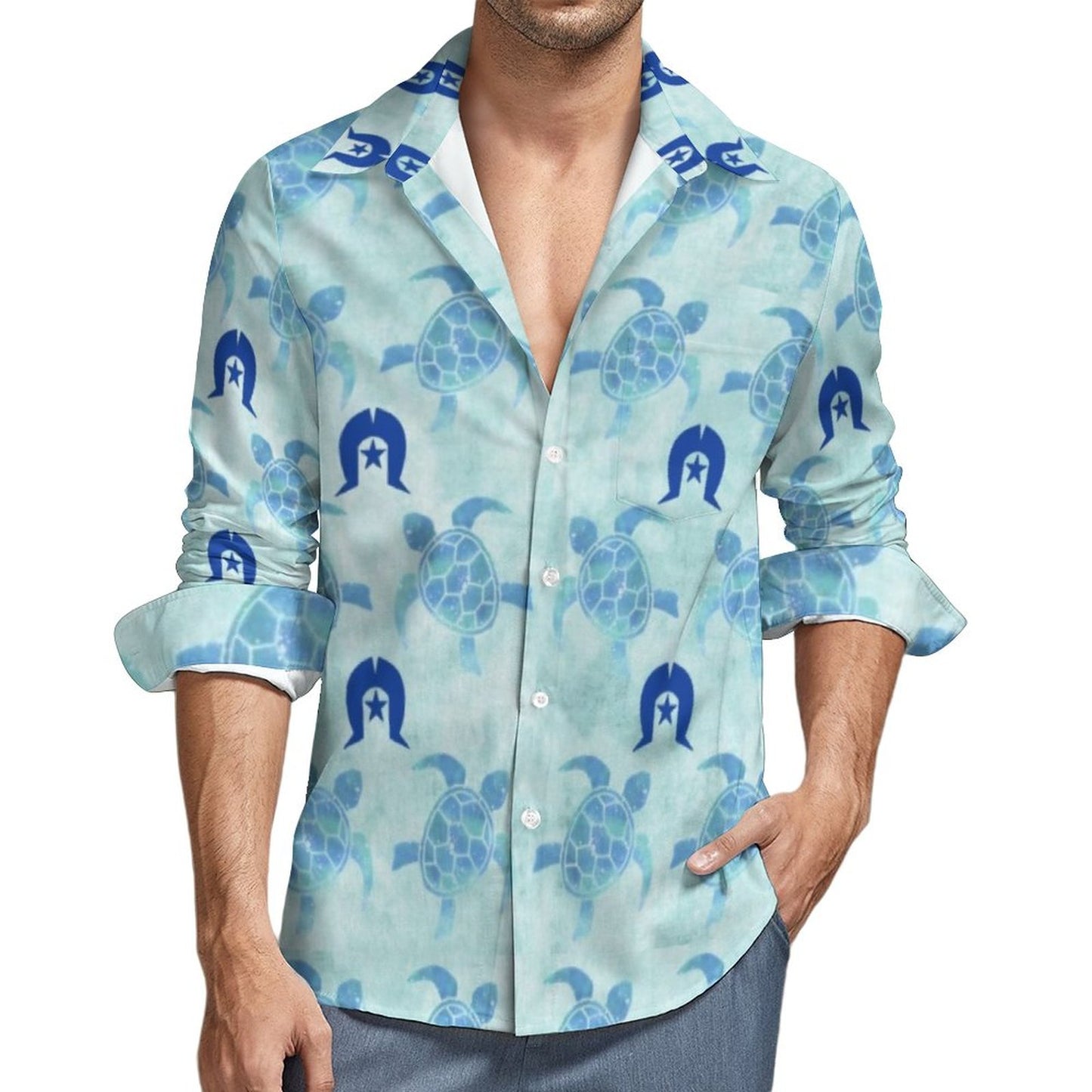 Blue Turtle Pattern on Men's Long Sleeve Shirt