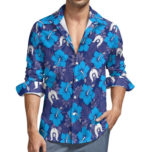 Hibiscus flowers with White Dhari (Royal blue) on Men's Long Sleeve Shirt