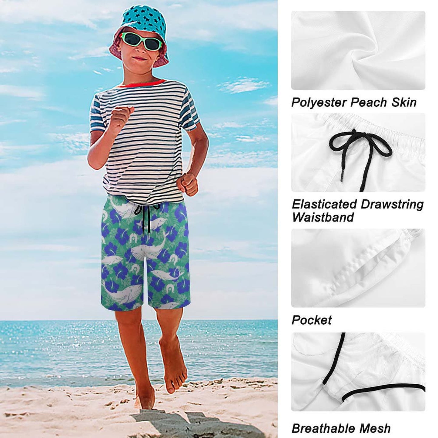 Royal Blue Hibiscus flowers with Whale, Dolphin and Dhari on Kid's Beach Pants
