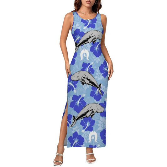 Hibiscus flowers with White Dhari and Dugong (Sky blue) on180gsm Slit Fitted Camisole Cheongsam