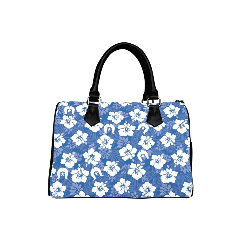 White Hibiscus and Dhari (Blue) on Handbag