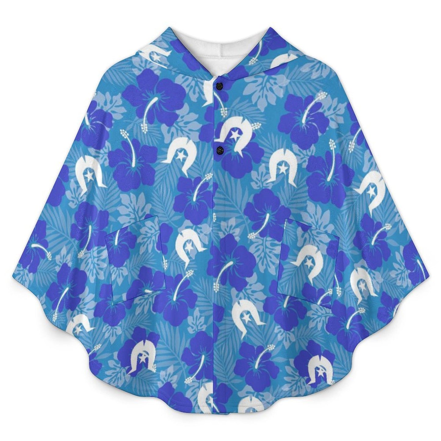 Hibiscus flowers with Dhari (Royal blue) on Fleece Hooded Cape for Adults