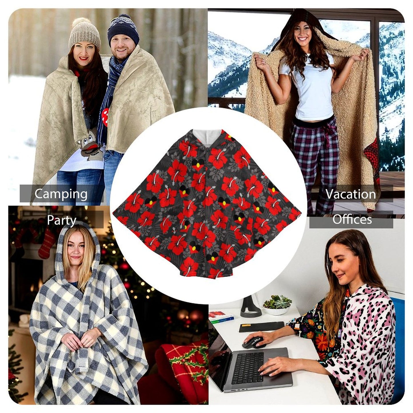 Royal Red Hibiscus and heart shaped Aboriginal flag on Fleece Hooded Cape for Adults