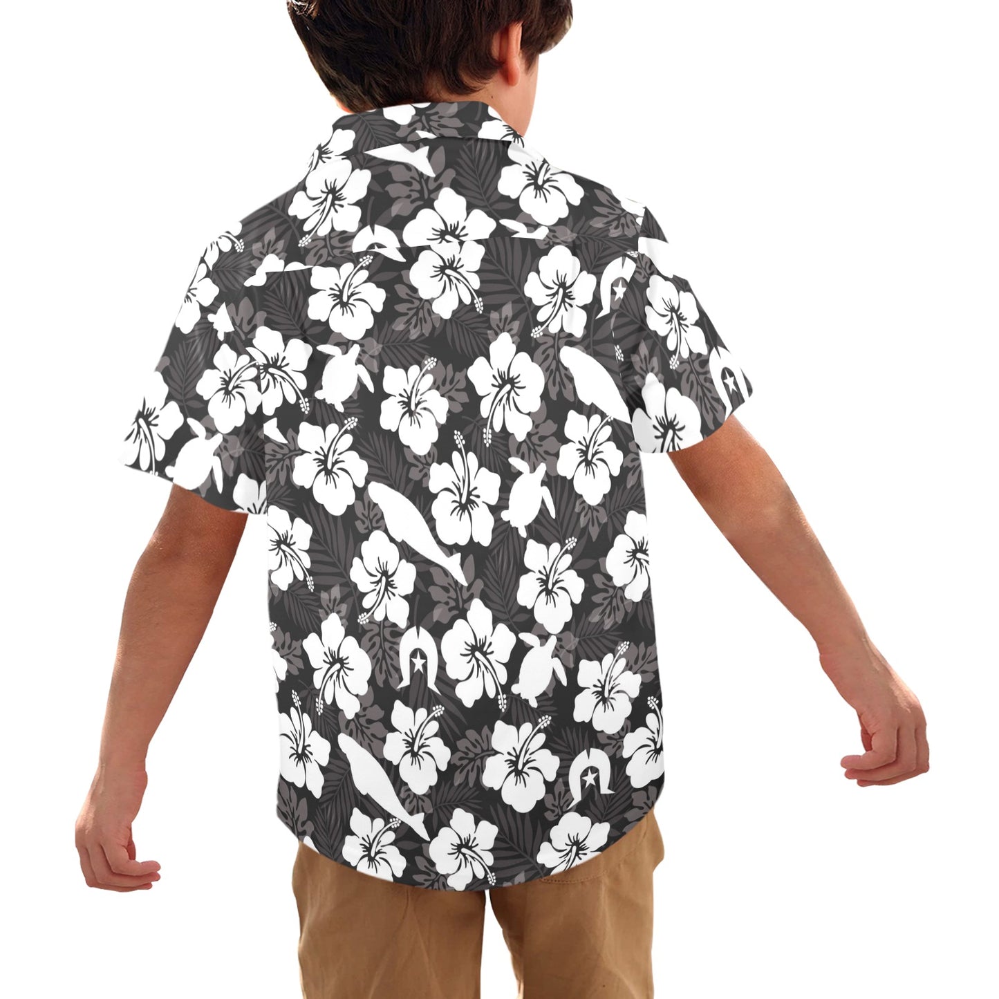 White Hibiscus with Dugong, Turtle and Dhari (Black) on Little Boys' Hawaiian Shirt