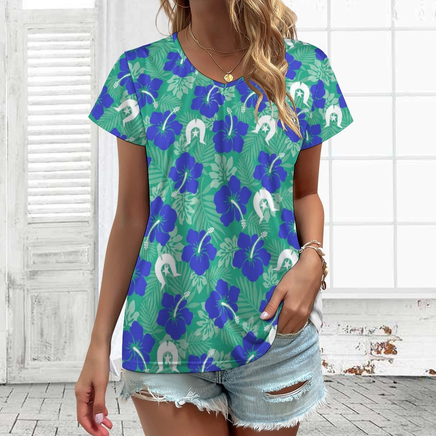 Royal Blue Hibiscus flowers with Dhari on V-neck Short Sleeve T-Shirt