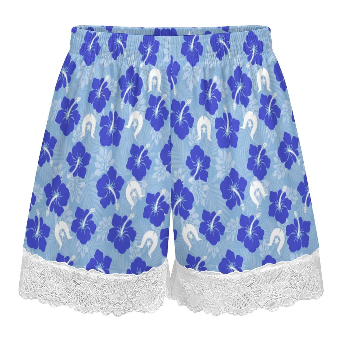 Hibiscus flowers with White Dhari (Sky blue) on 200gsm Women's Lace Trim Pajama Shorts