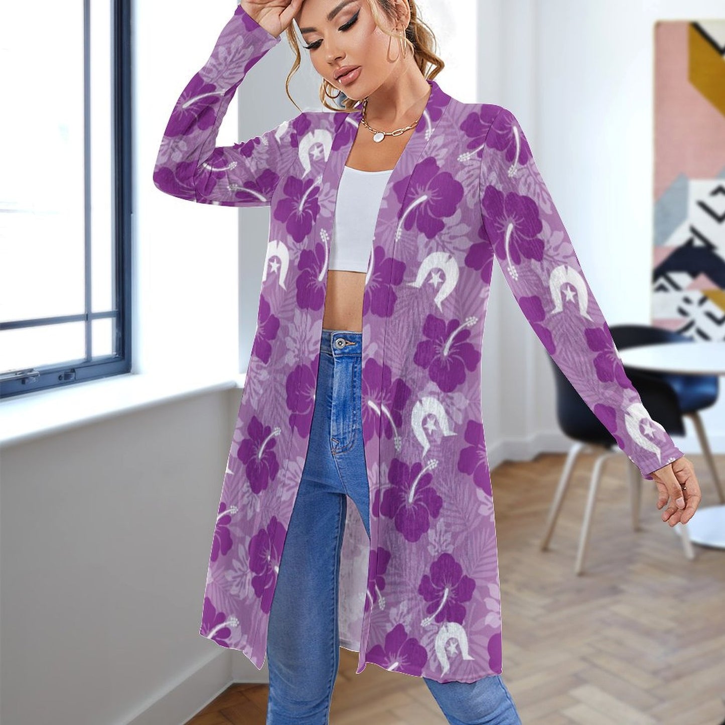 Hibiscus flowers with Dhari (Royal purple) on Women's Mid-length Cardigan