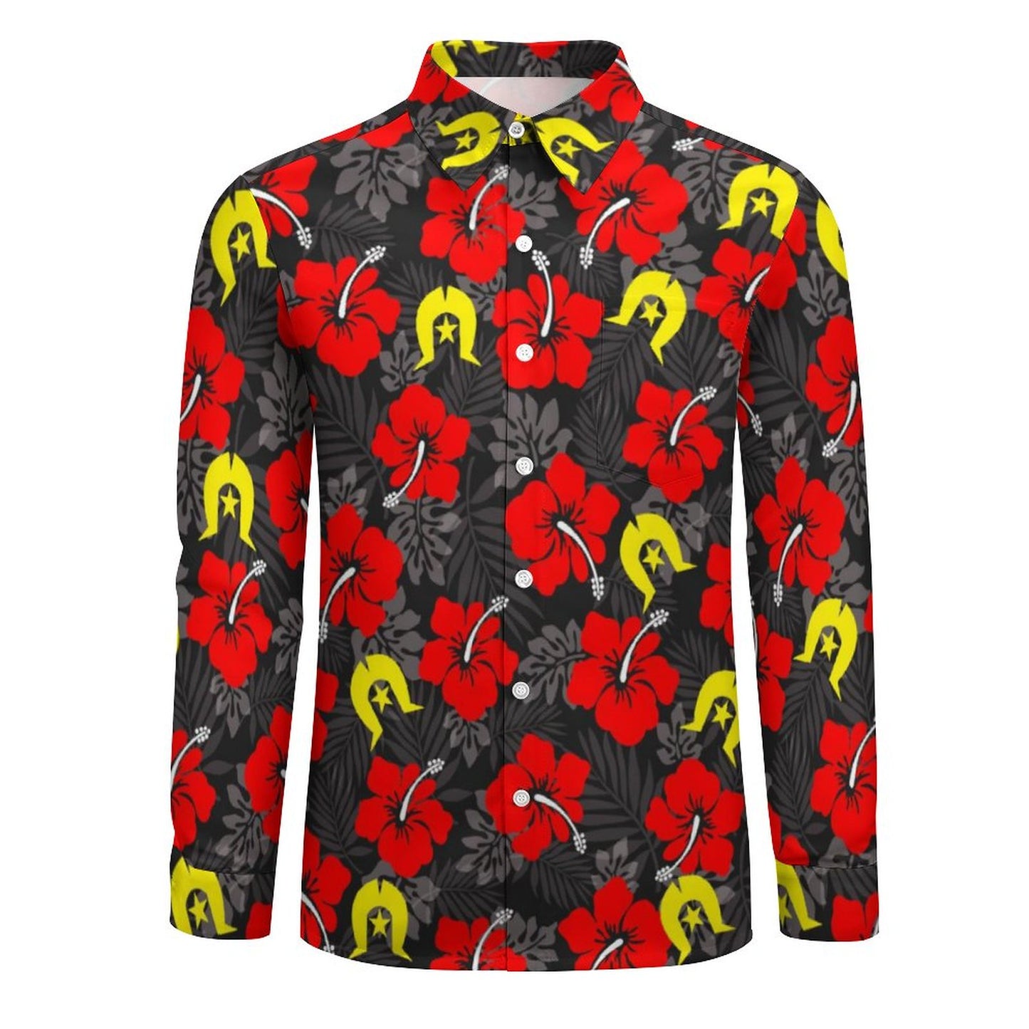 Royal Red Hibiscus with Yellow Dhari on Men's Long Sleeve Shirt