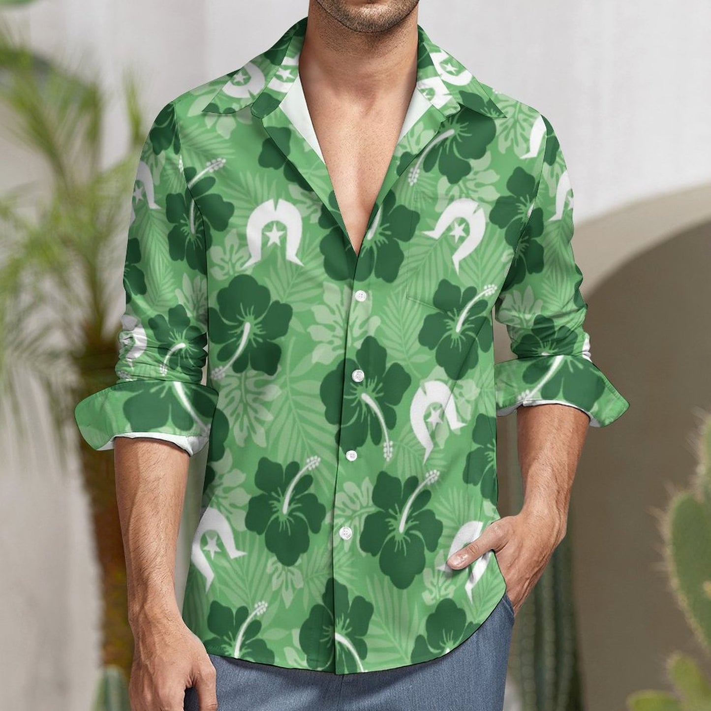 Hibiscus flowers with Dhari (Sea Grass Green) on Men's Long Sleeve Shirt