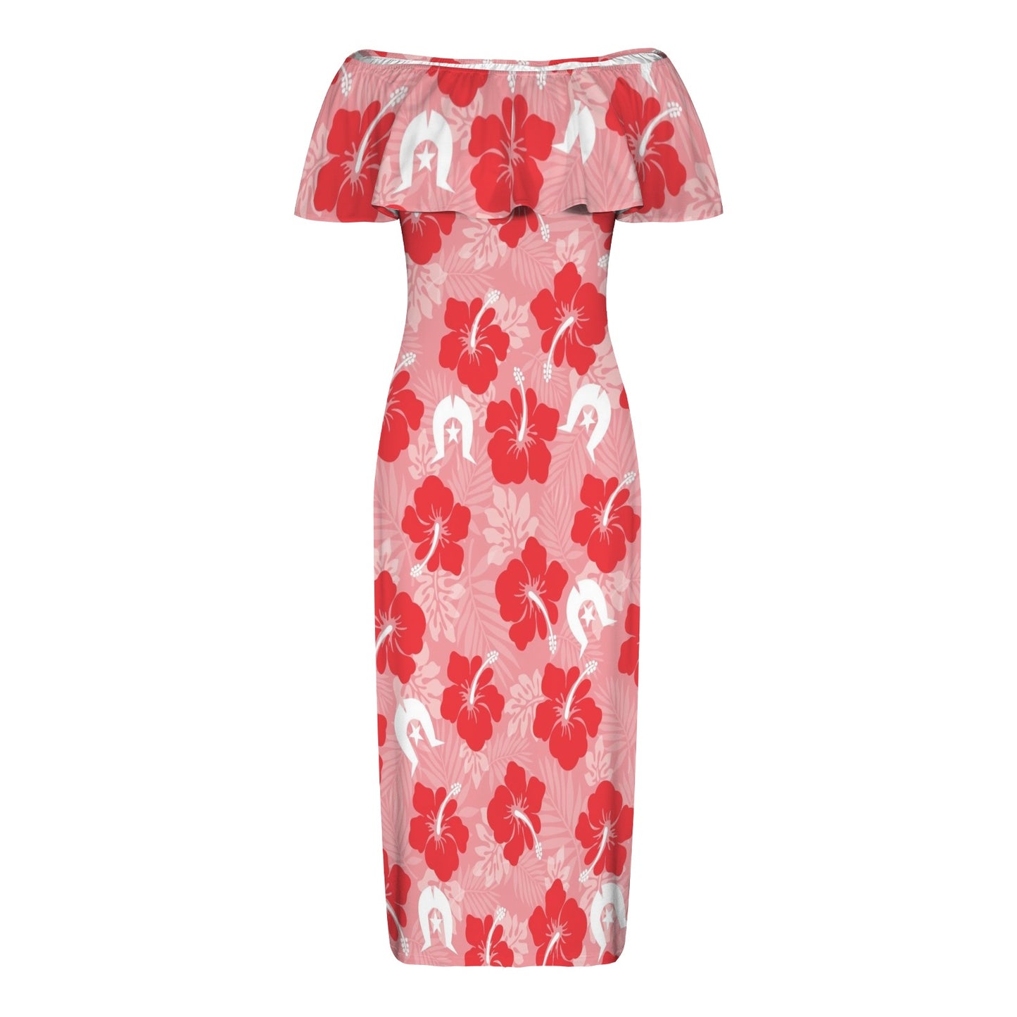Hibiscus flowers with Dhari (Royal Pink) on Women's Off Shoulder Ruffle Boat Neck Dress
