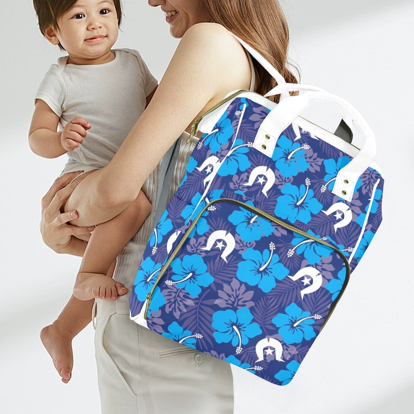 Hibiscus flowers with White Dhari (Royal blue) on  Baby backpack / bag (Large)
