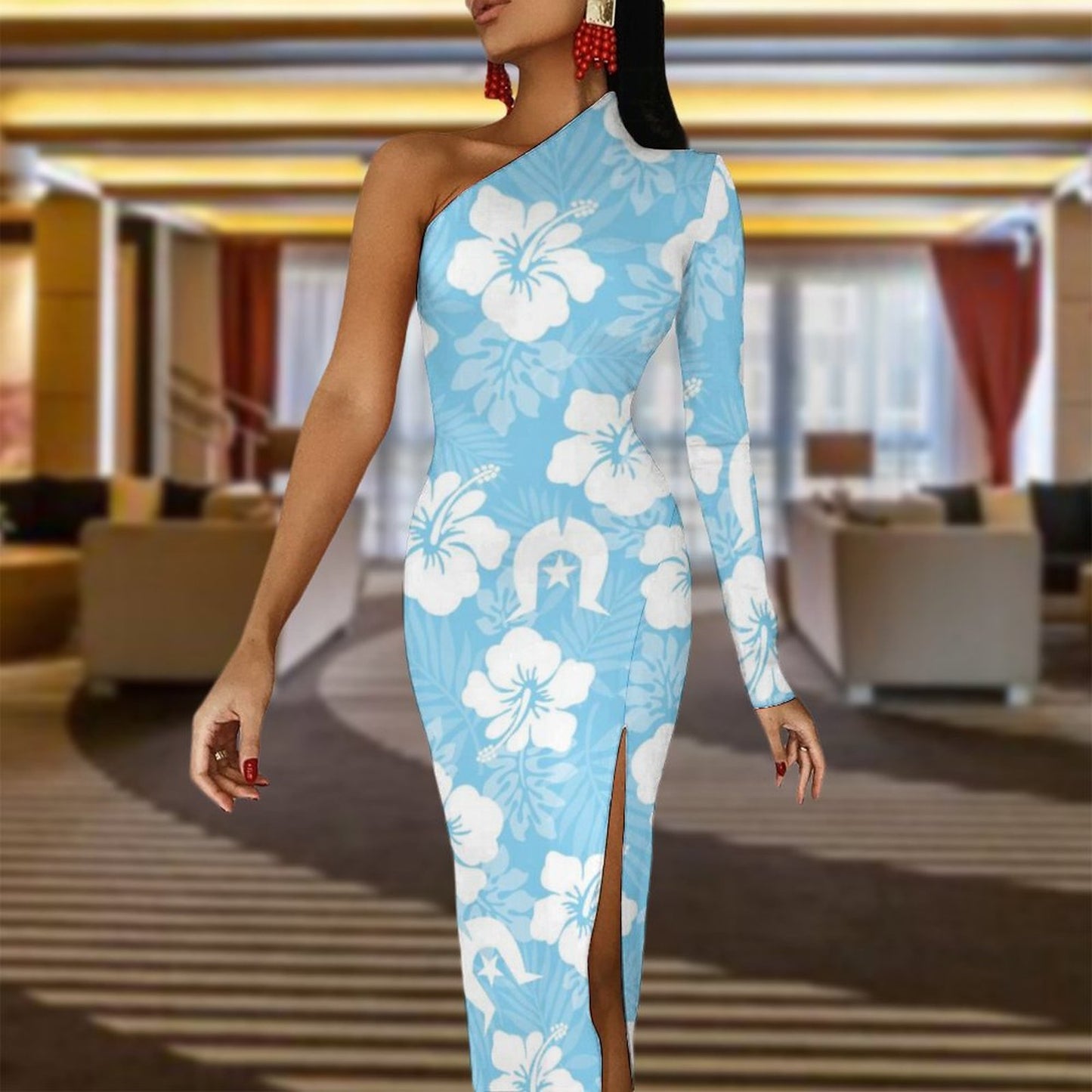 White Hibiscus and Dhari (blue) on One Shoulder Split Dress BIQ