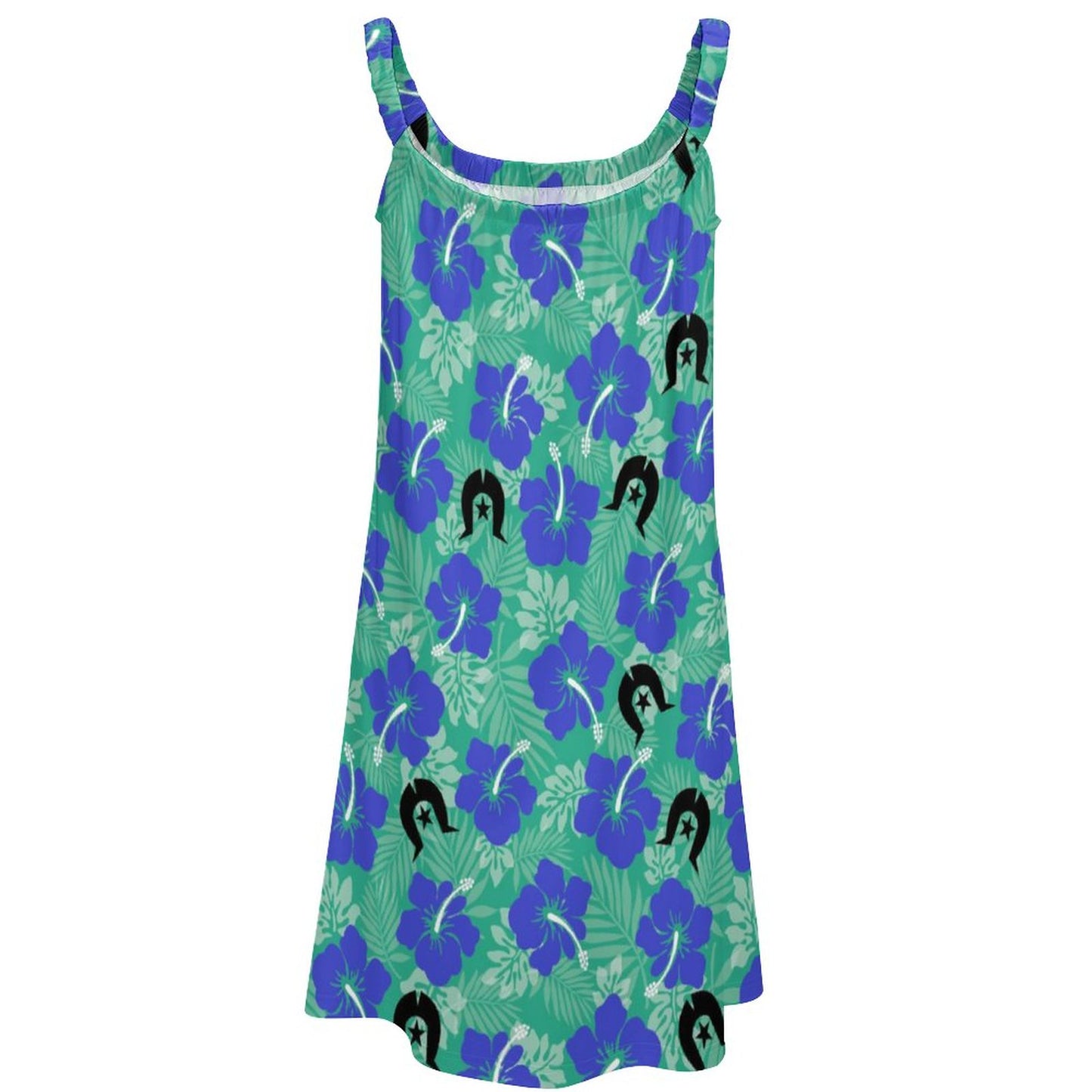 Royal Blue Hibiscus flowers with Black Dhari on Sleeveless Dress