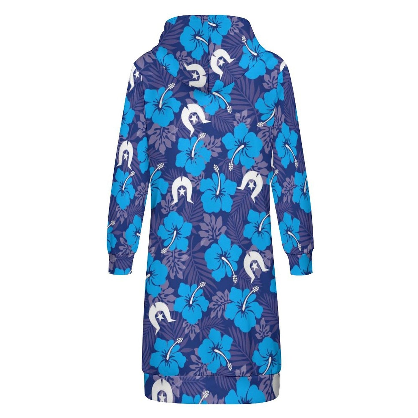 Hibiscus flowers with White Dhari (Royal blue) on Hooded Sweatshirt Dress