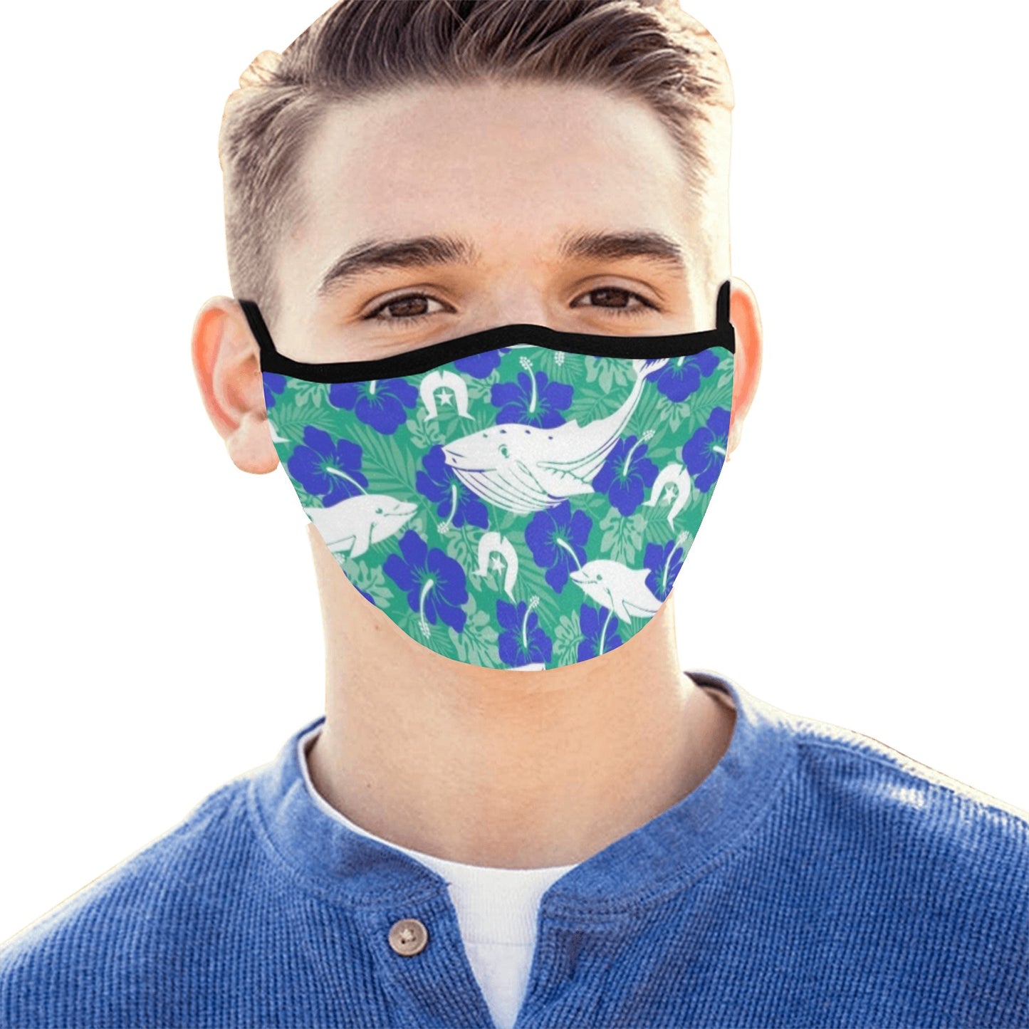 Royal Blue Hibiscus flowers with Whale, Dolphin and Dhari on  Fabric facemask (30 PCS Filters Included)