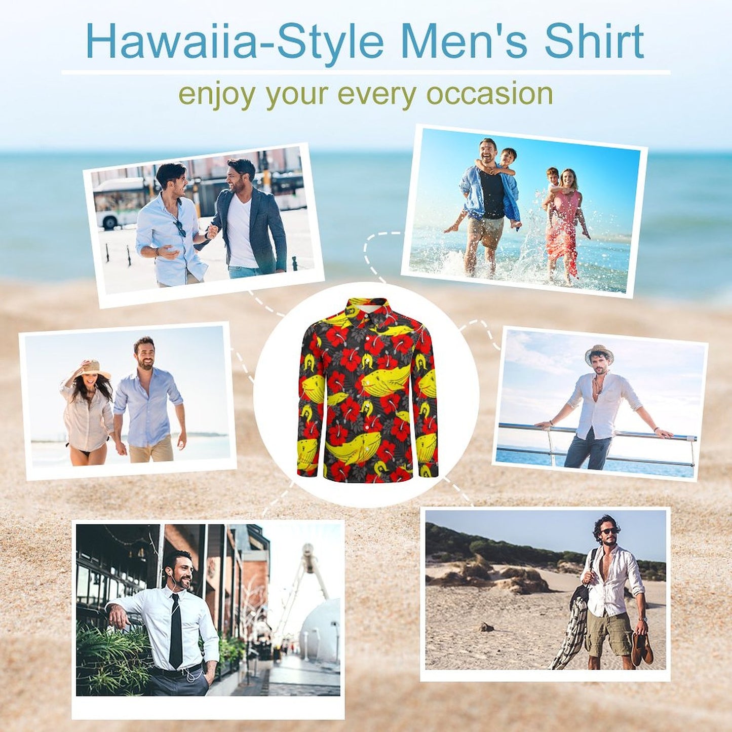 Royal Red Hibiscus with Yellow Dhari, Whale and Dolphin on Men's Long Sleeve Shirt