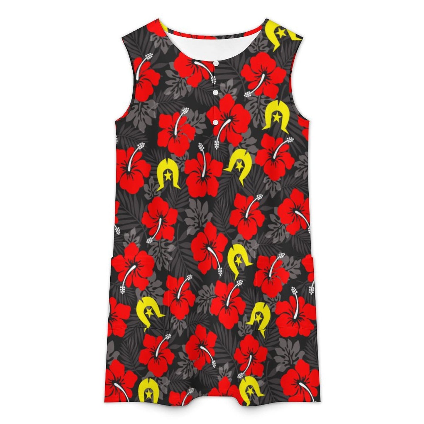 Royal Red Hibiscus with Yellow Dhari on Sleeveless Pocket Dress