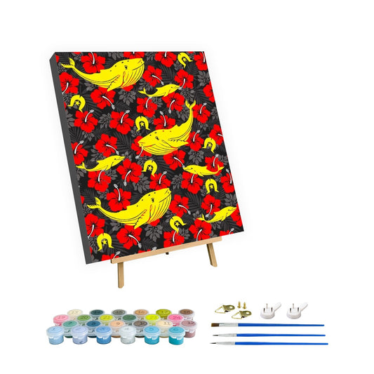 Royal Red Hibiscus with Yellow Dhari, Whale and Dolphin on Framed Paint by Numbers Kit for Adults with Stand