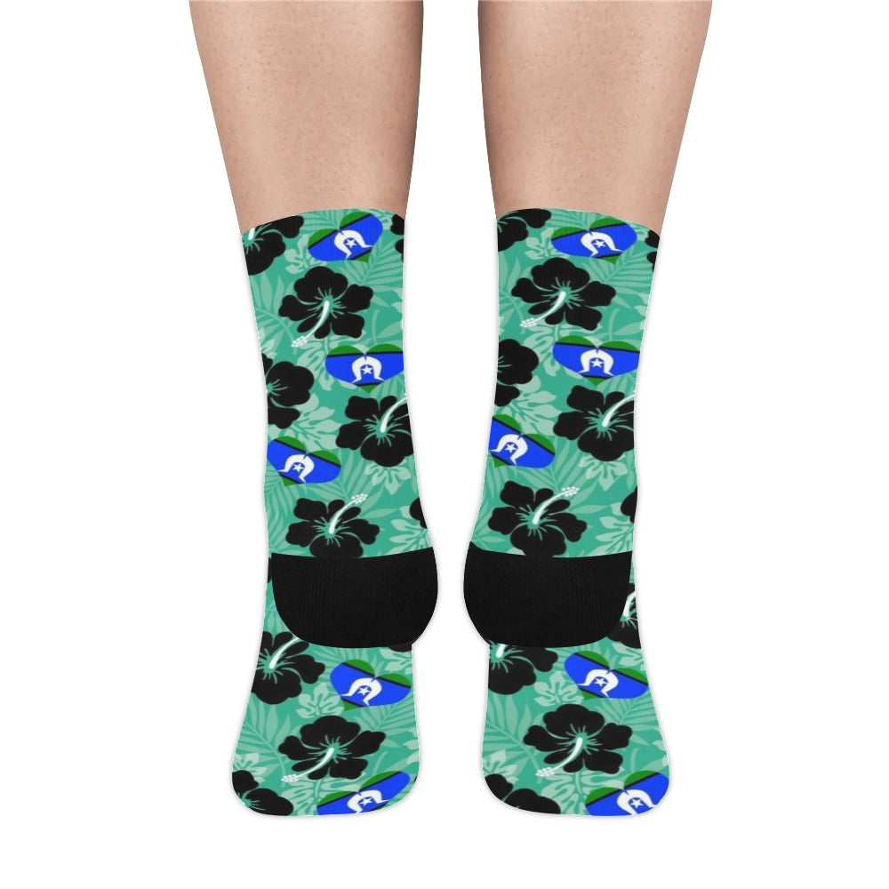Black Hibiscus with Torres Strait heart shaped flag on Crew Socks (Made In AUS)