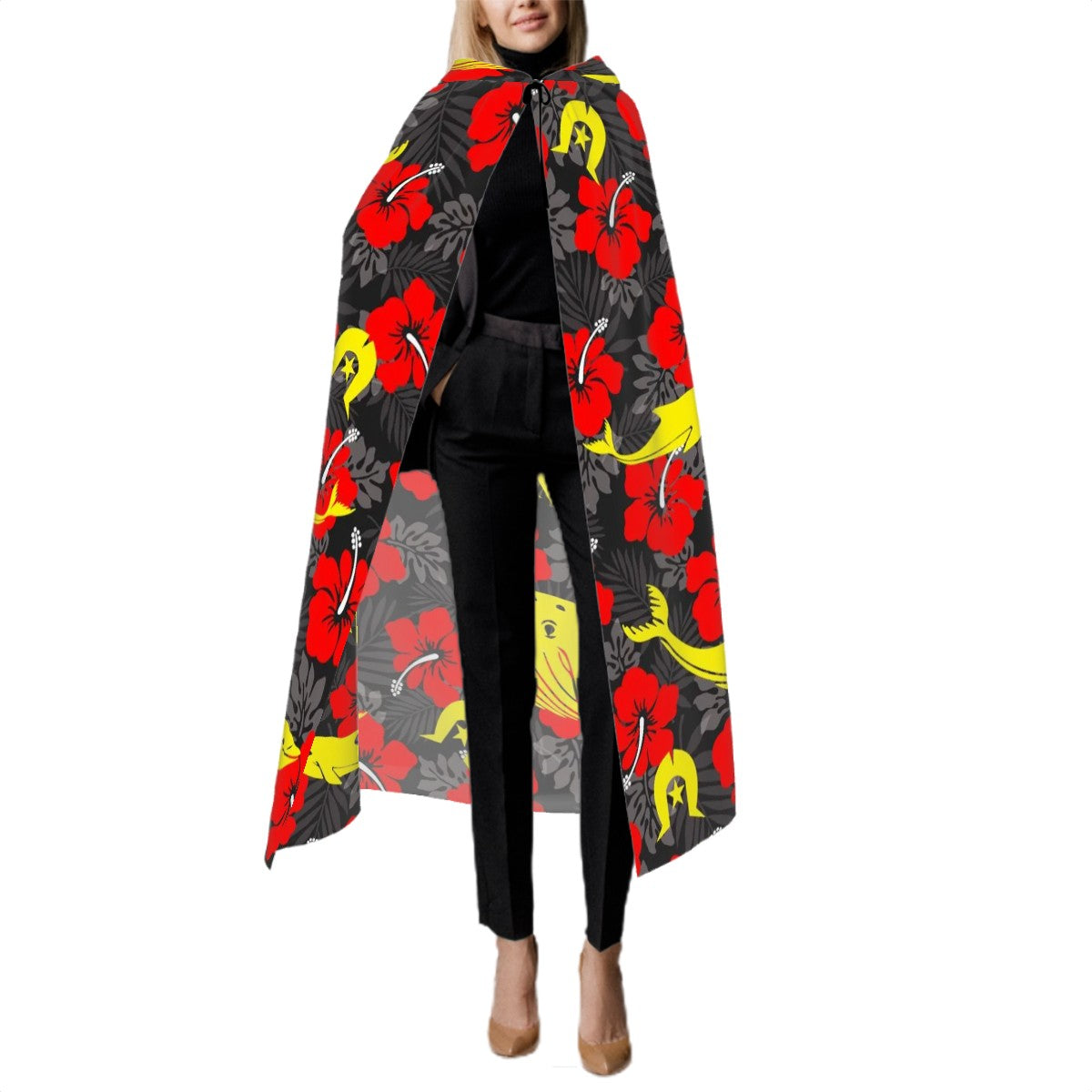 Royal Red Hibiscus with Yellow Dhari, Whale and Dolphin on Hooded Cloak