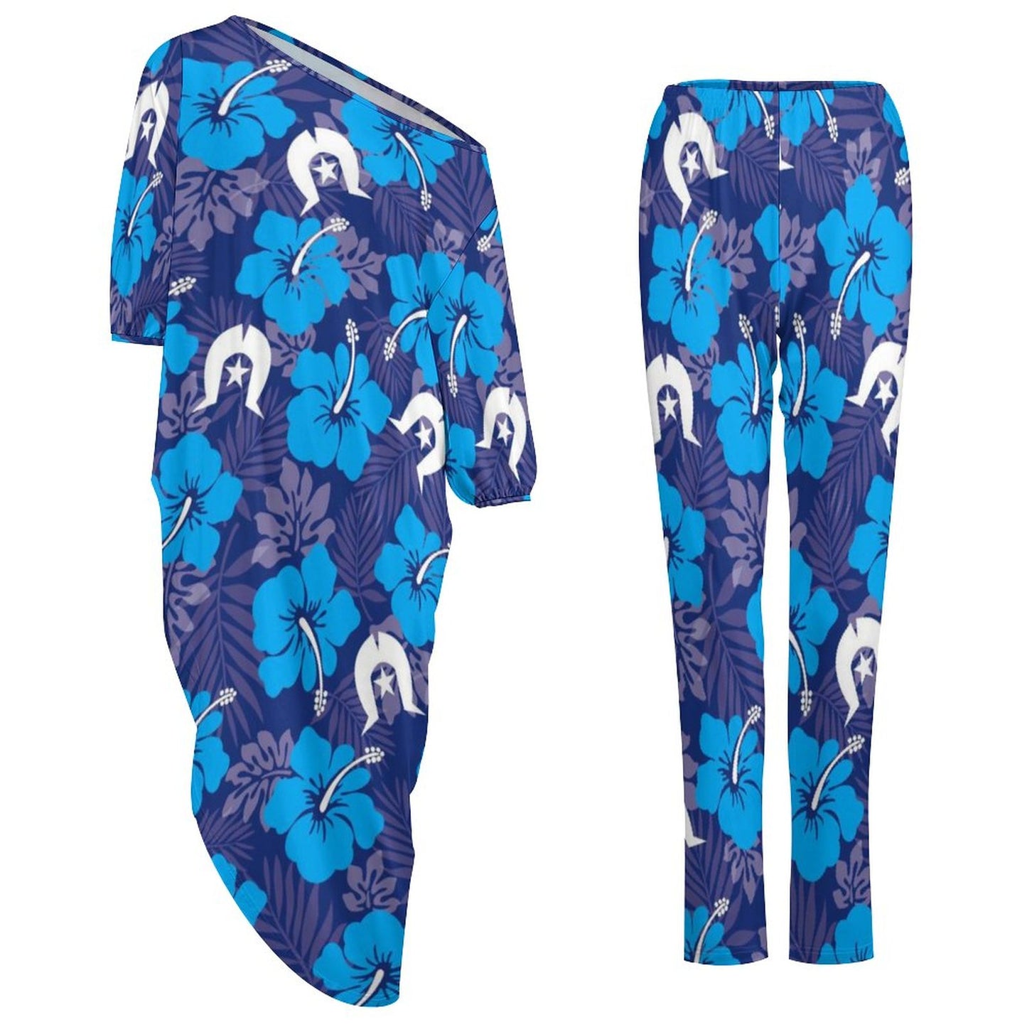 Hibiscus flowers with Dhari (Royal blue) on Diagonal Shoulder Two Piece Set