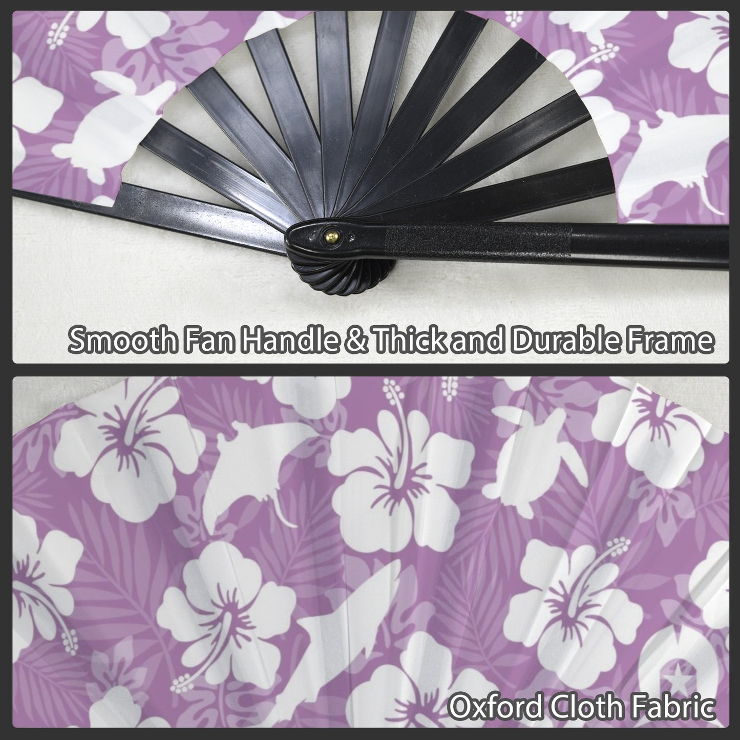 White hibiscus flowers with Dhari, Shark, turtle, and stingray (Purple) on Folding Clack Fan