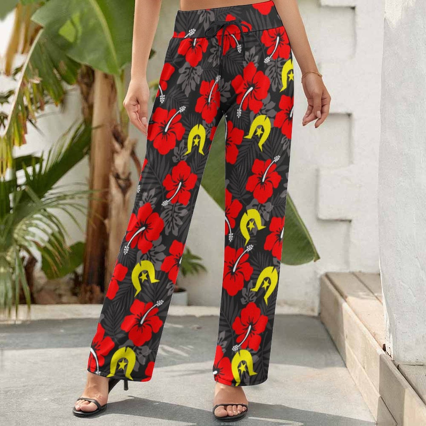 Royal Red Hibiscus with Yellow Dhari on Baggy Pants for Women
