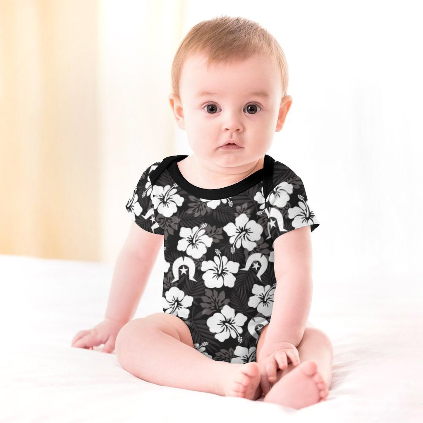 White Hibiscus and Dhari (Black) on Faux Cotton Short Sleeve Baby Romper