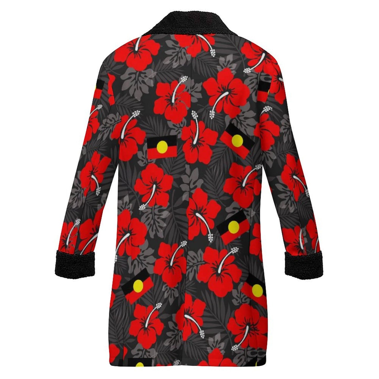 Royal Red Hibiscus and Aboriginal flag on Men's Double Breasted Coat