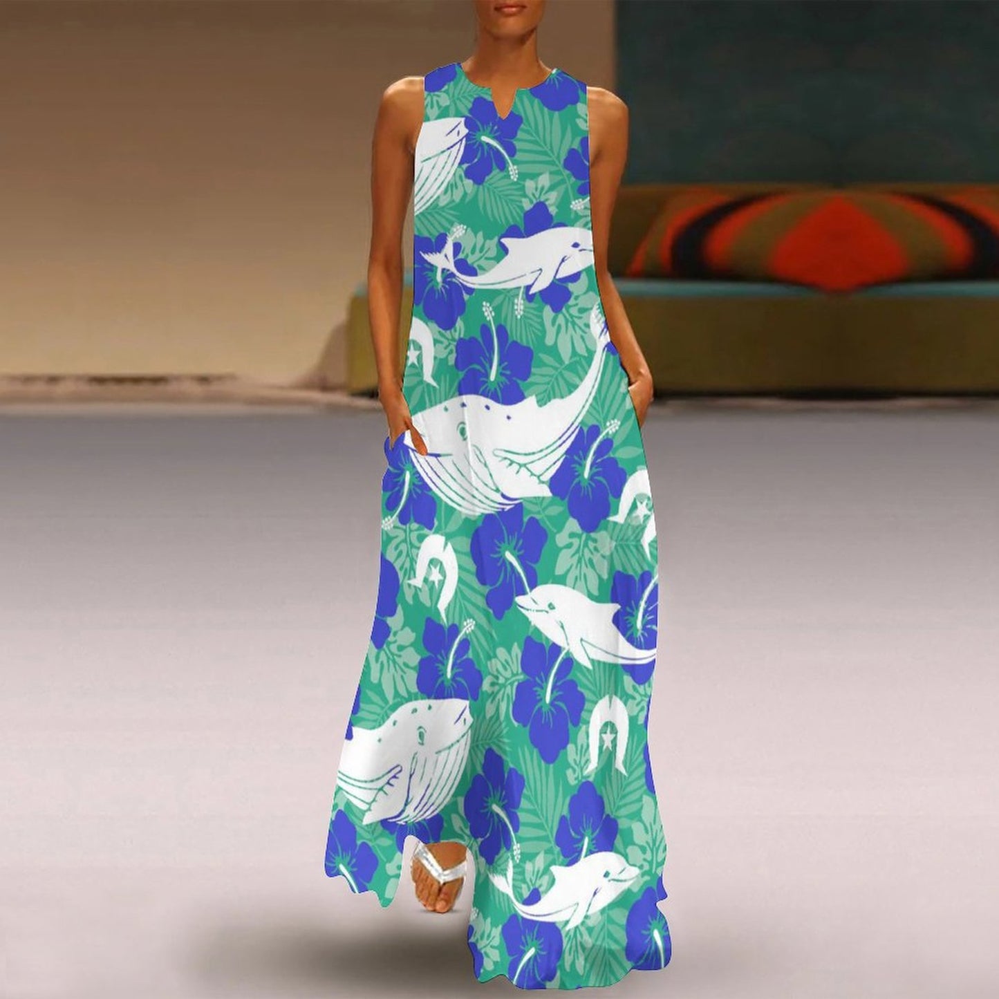 Royal Blue Hibiscus flowers with Whale, Dolphin and Dhari on Sleeveless Ankle-length Dress
