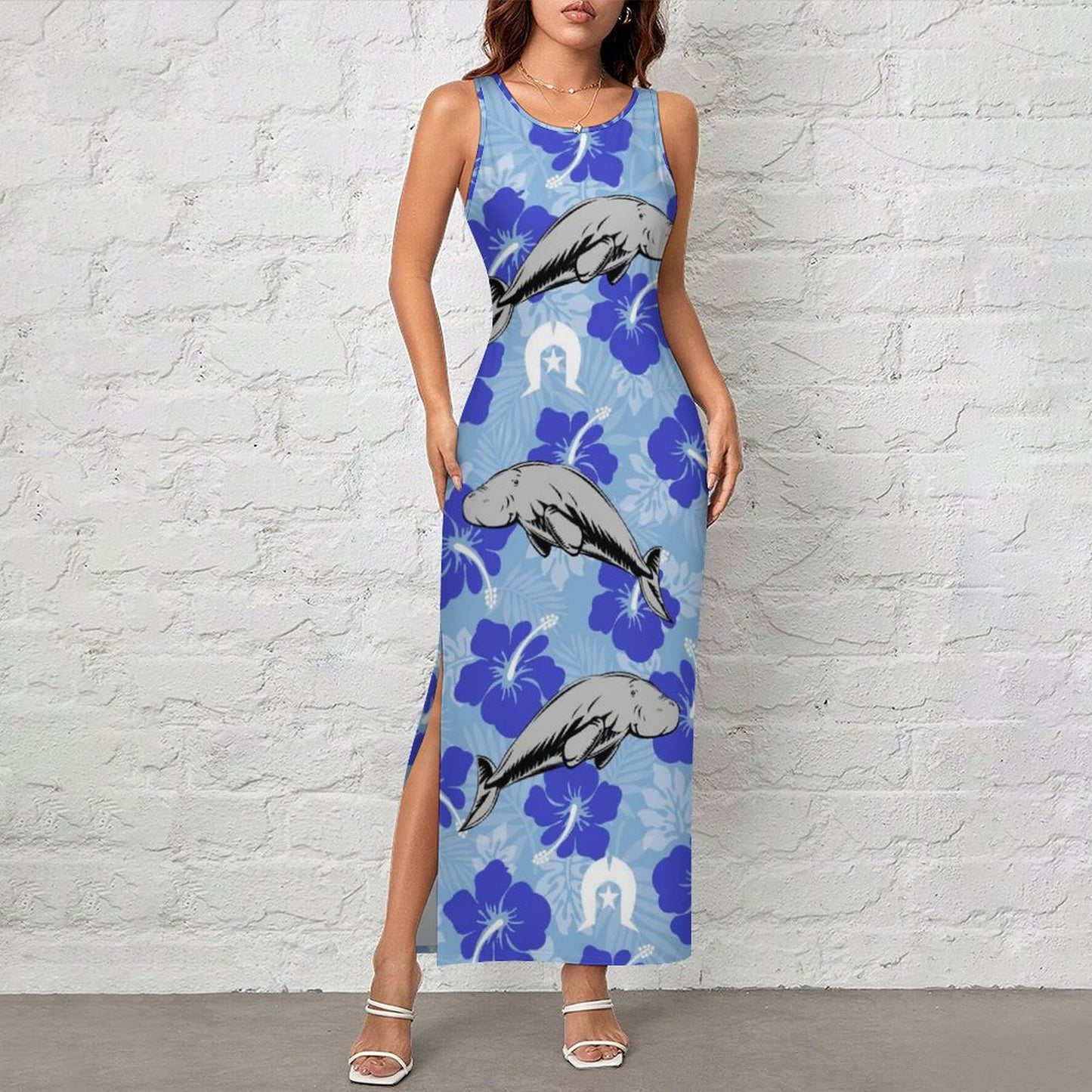 Hibiscus flowers with White Dhari and Dugong (Sky blue) on180gsm Slit Fitted Camisole Cheongsam