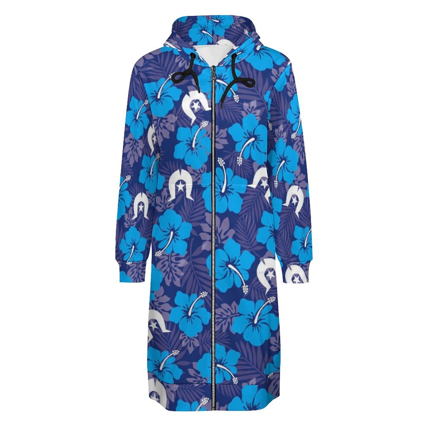Hibiscus flowers with White Dhari (Royal blue) on Hooded Sweatshirt Dress