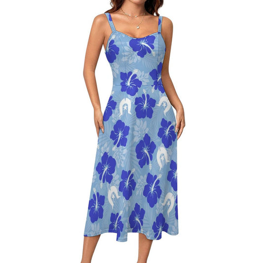 Hibiscus flowers with White Dhari (Sky blue) on Midi Spaghetti Strap Dress