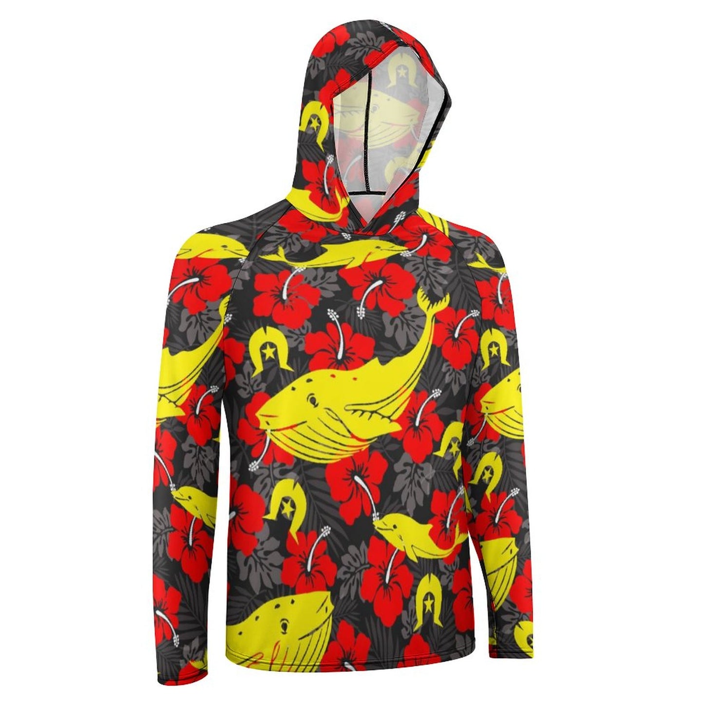 Royal Red Hibiscus with Yellow Dhari, Whale and Dolphin on Men's UPF 40+ Sun Protection Fishing Shirt