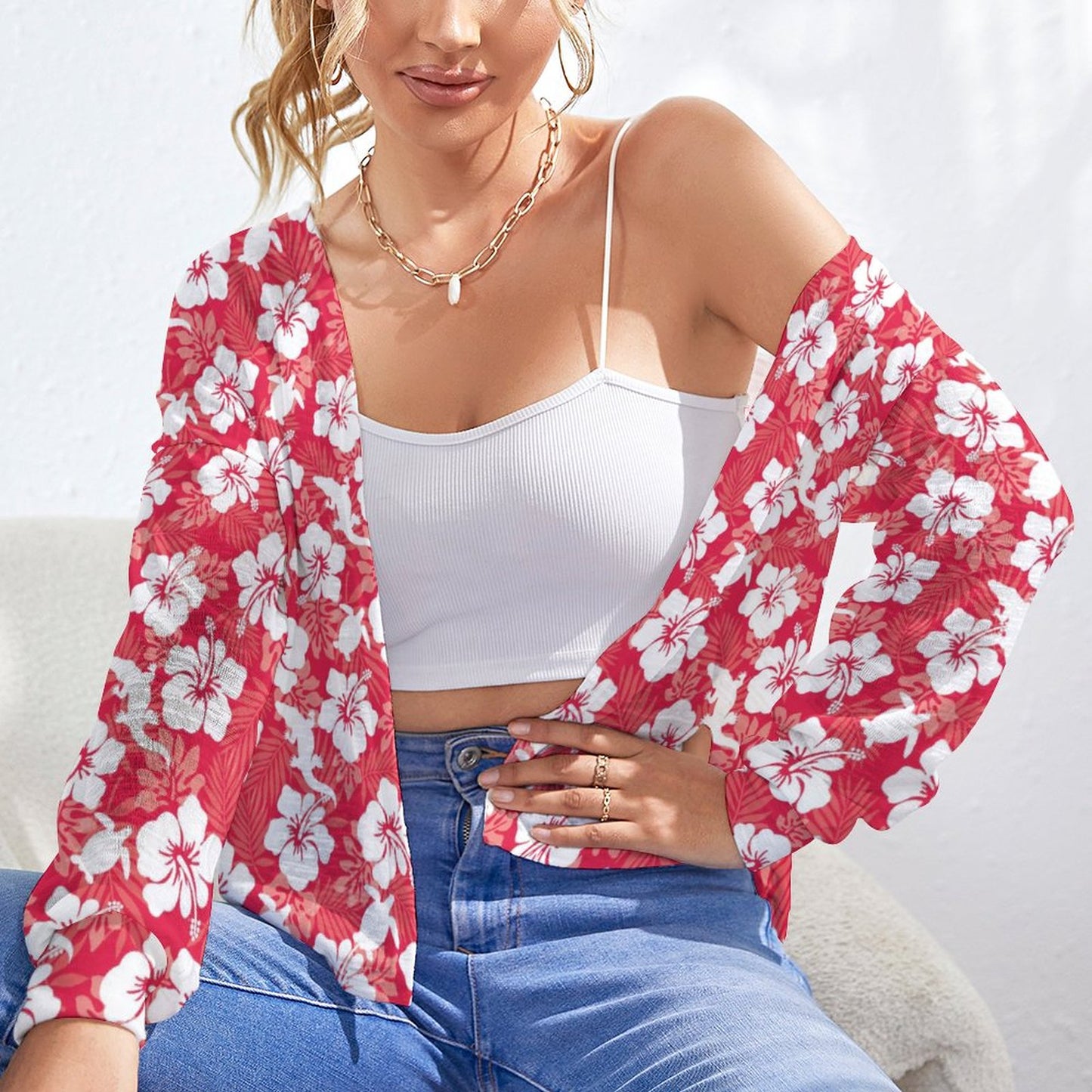 White Hibiscus flowers with Crocodile and Turtle on Long Sleeve Drop Shoulder Open Shirt