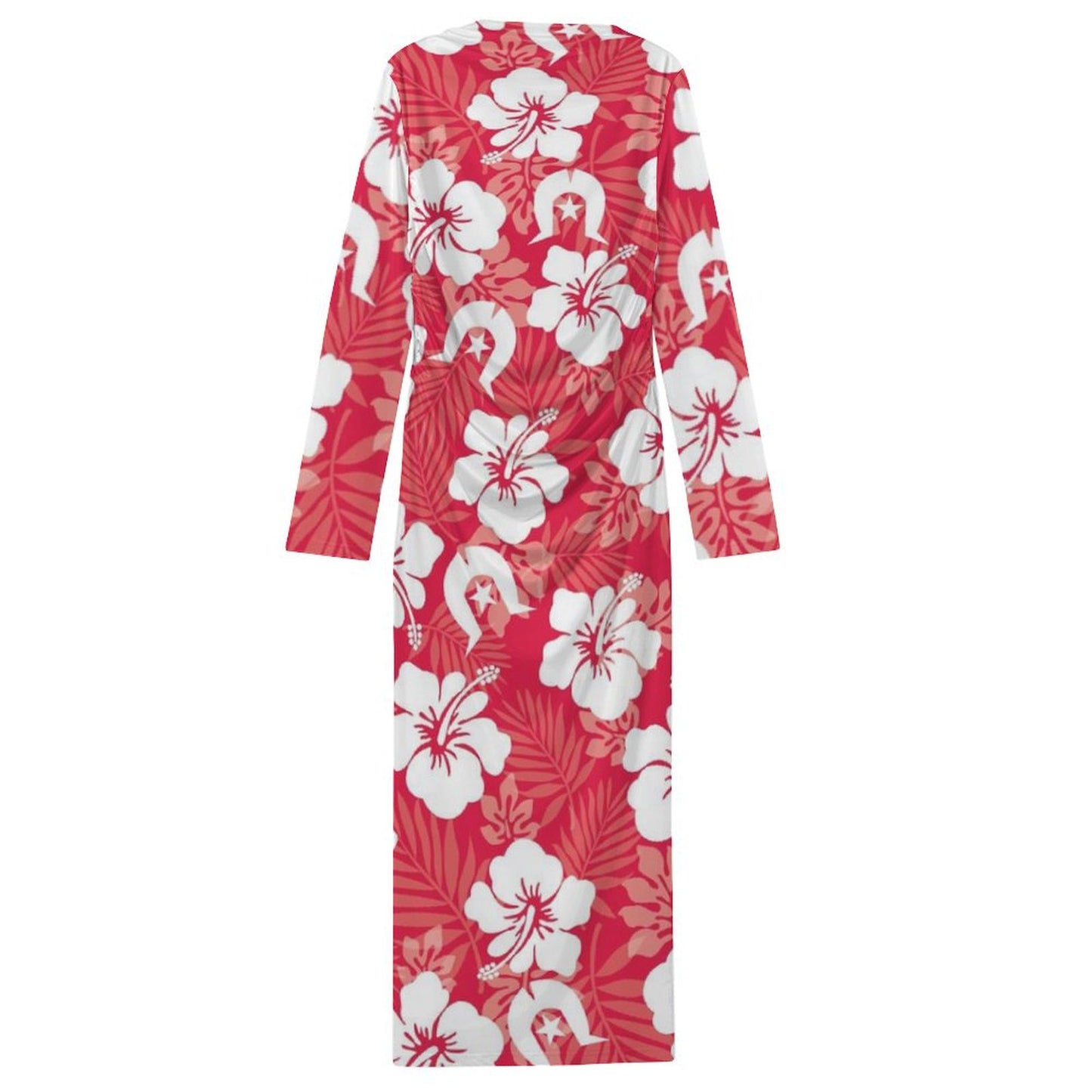 White Hibiscus flowers with Dhari (Red) on Long-Sleeve Draped Bodycon Dress