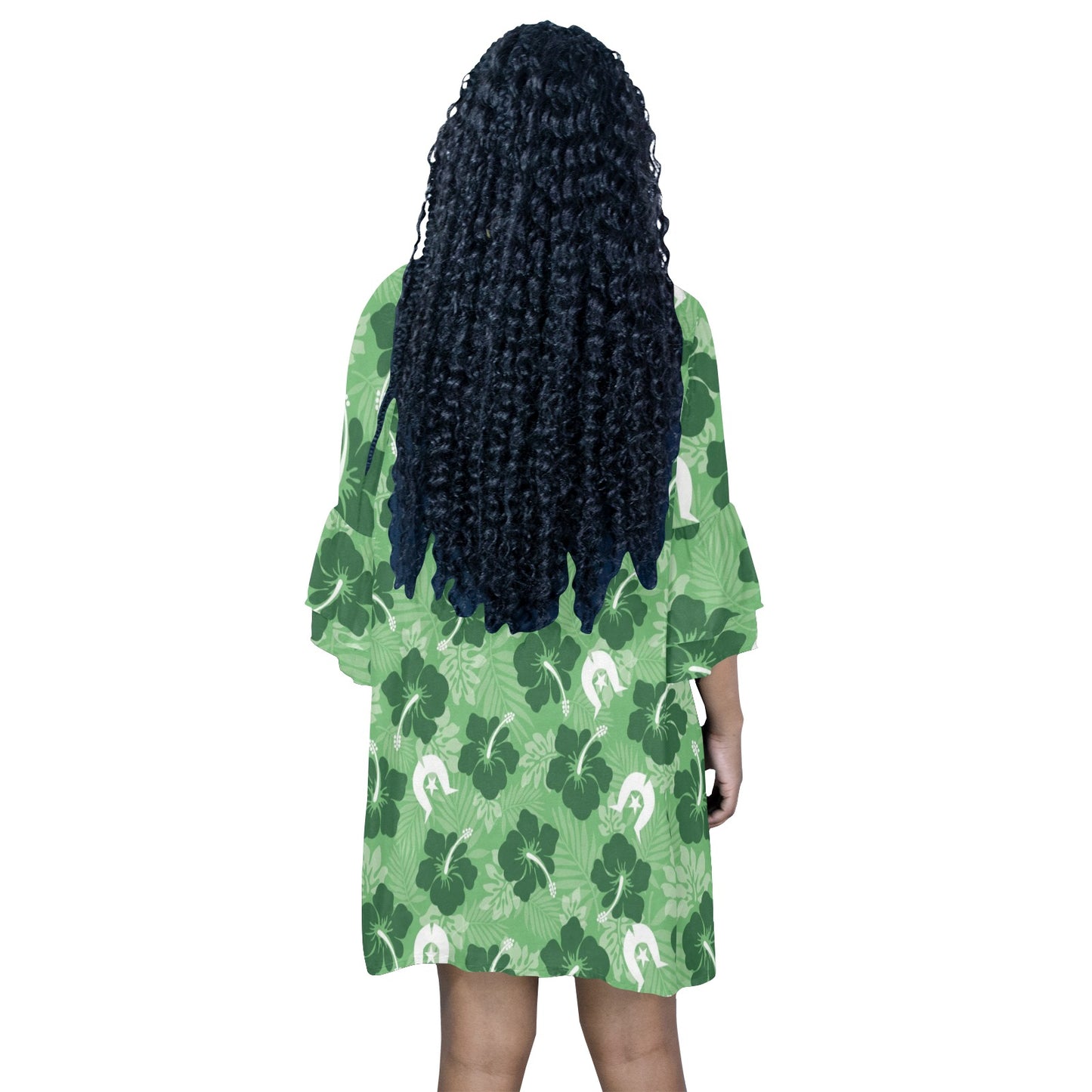 Hibiscus flowers with Dhari (Sea Grass Green) on Half Sleeves V-Neck Mini Dress